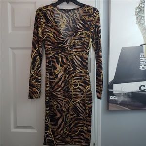 Gold &Brown Animal Print Long Sleeve Classic Dress